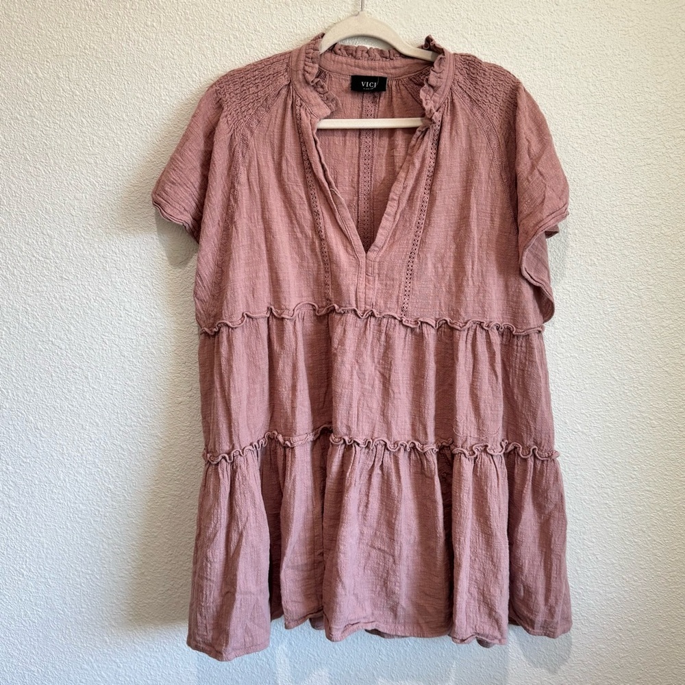 Vici Womens Large Dusty Rose‎ Tiered Mini Gauze Cotton Dress Vneck Boho Casual